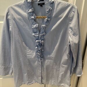 Talbots Blue and White Pinstripe Ruffle Front Blouse size 10